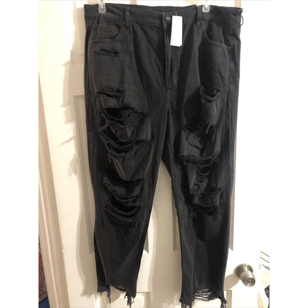 American Eagle Women Stretch Mom Jeans Fit Black Frayed Cut Off Sz 20 BNWT